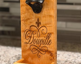 Personalized Wall Mounted Bottle Opener Wood Cap Catcher | Groomsmen Gift Custom Bar Sign Realtor Closing Gift Man Cave Decor Father Present