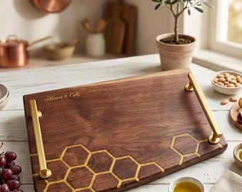 Solid Wood Honeycomb Serving Tray with Gold Epoxy | Custom Engraved Charcuterie Board with Handles | Gift for Beekeeper, Wedding, Homeowners