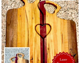 Personalized Couples Heart Cutting Board Set | Romeo & Juliet Edge Grain | Custom Engraved Wedding Holiday Gift | Hardwood Charcuterie Board