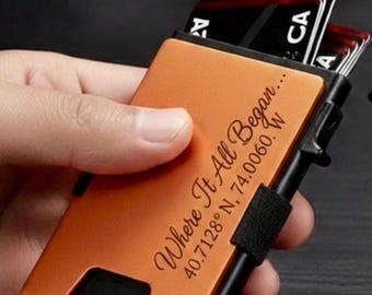 Personalized Men’s Slim Metal Wallet, Custom Engraved RFID Blocking Card Holder, Groomsmen Gift, Minimalist Aerospace Aluminum Wallet  Him