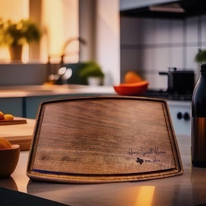 May include: A wooden cutting board with a curved edge and a dark brown finish. The board is engraved with the text "Home Sweet Home" and a small outline of the state of Texas. The text "Est. 2023" is also engraved on the board.