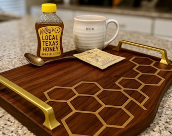 Live Edge Walnut Charcuterie Board – Epoxy Honeycomb, Gold Handles