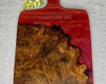 Handcrafted Burl Wood Red Resin Charcuterie Board, Luxury Artisan Serving Tray with Handle, Unique Heirloom Gift for Home, Large Live Edge