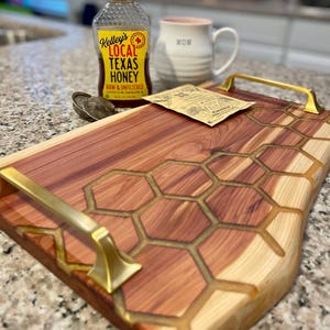 Honeycomb epoxy honey and bee design walnut maple  wood charcuterie board  serving tray gift for couple mom dad wedding gift hexagon tray