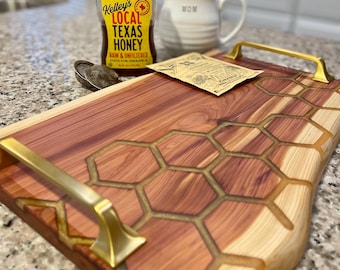 Live-Edge Juniper Cedar Serving Tray – Epoxy Honeycomb Charcuterie Board with Gold Handles  Rustic Wedding Gift Housewarming Serving Platter