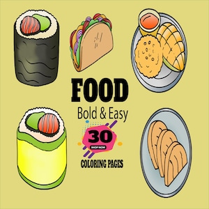 30 Bold and Easy FOOD Coloring Pages  Adult Coloring Book, Simple & Relaxing, Digital,Procreate ,Stress Relief,Cozy Friends