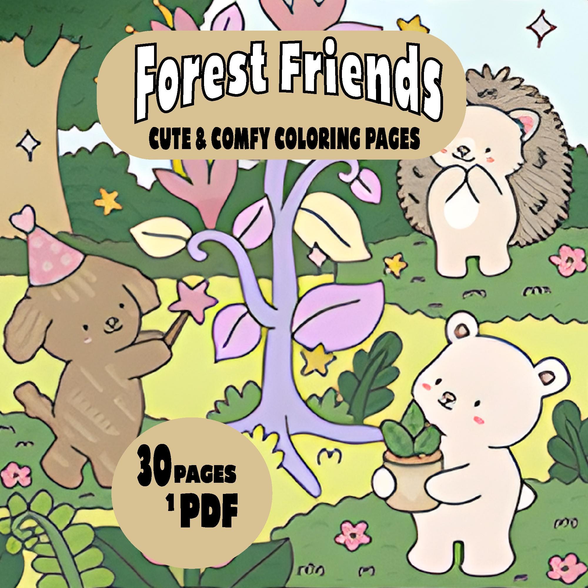 30 láminas de colorear para adultos gruesas y fáciles – descarga digital simple y relajante para aliviar el estrés (Cozy Friends, listas para Procreate)
