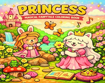 Pagine da colorare di principesse accoglienti, graziose ragazze delle fiabe in stile Kawaii, magico libro da colorare fantasy in PDF, rilassante e stampabile, download immediato.