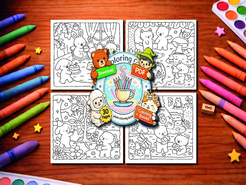 Printable coloring PDF featuring cute cozy coloring and animal coloring pages, suitable for both adults and kids, instant download
