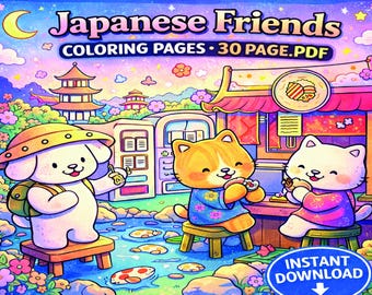 Cozy Japan Coloring Pages, Cute Kawaii Friends & Daily Life Scenes, Japanese Aesthetic Coloring Book PDF, Instant Download
