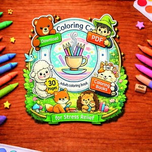 Digital download coloring book with cozy art coloring and calming designs, ideal for stress relief and therapeutic coloring activities
