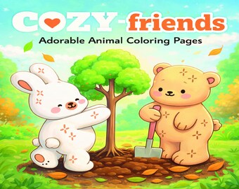 Pagine da colorare accoglienti e rilassanti, simpatici animali e scene tranquille, libro da colorare antistress per la cura di sé in formato PDF, download immediato.