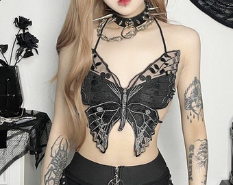 Gothic Butterfly Crop Top, Y2K Backless Women's Summer Top, Streetwear 2000s Lace Up Vest