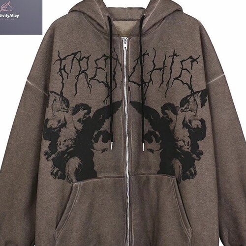 Y2K Vintage Angel Print Zip up Loose Hoodie Gothic Streetwear - Etsy