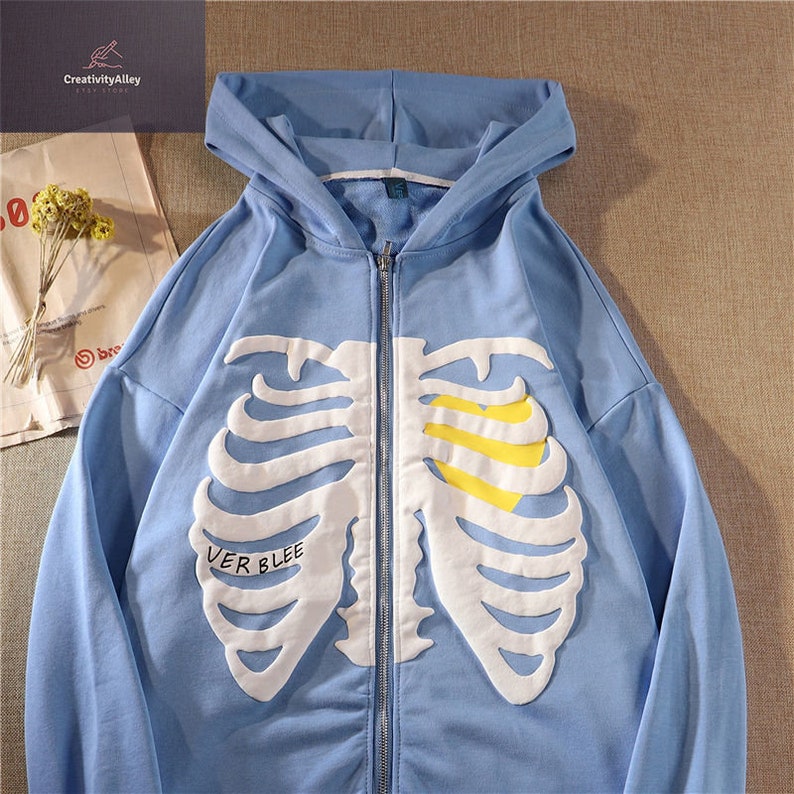 Y2K Zip Up Skeleton Hoodie Skull Letter Print Hoodie Y2K Etsy Österreich