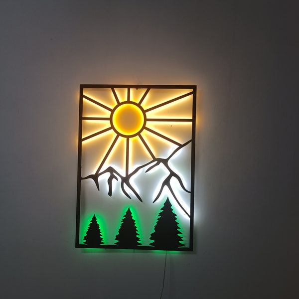 Mountain Metal wall art with led, Nature landscape,Wall Decoration,Sun metal wall art,Mountain Wall Sing ,Forest wall art, Metal wall decor,