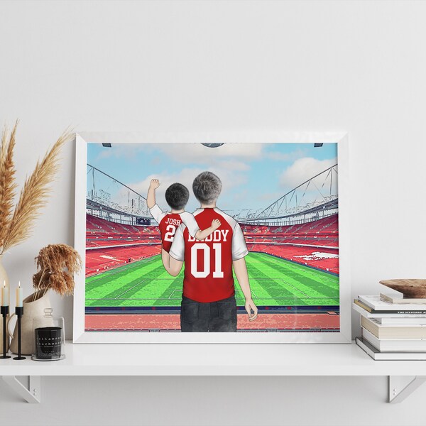 Personalised Family Football Fathers Day Print, Custom Dad and Son Football Drawing, Footy Birthday Gift for Dad, Daddy Daughter Print