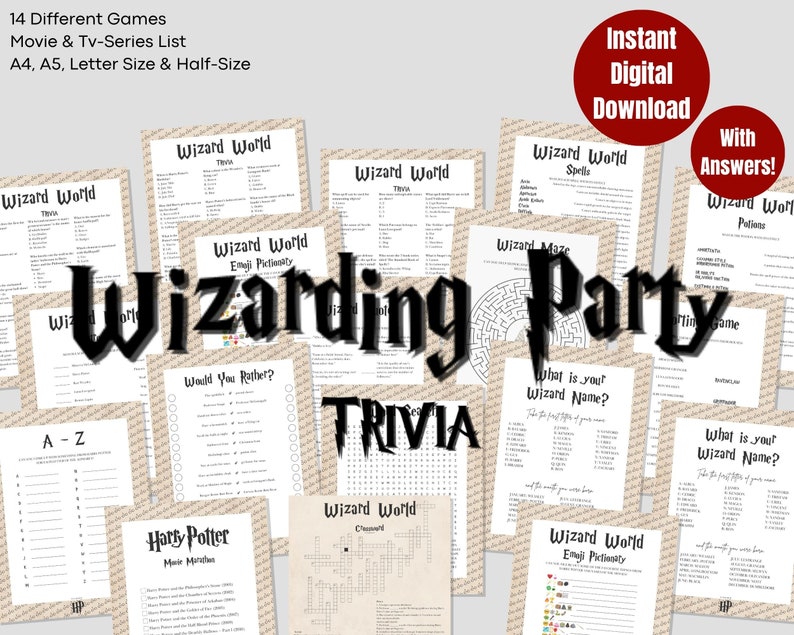 Harry Potter Trivia Printable Wizard Party Games HP Quiz Minimalist ...