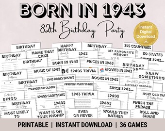 82nd Birthday Party Games Bundle: Born in 1943 Trivia (Instant Download)