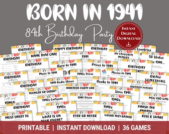 84th Birthday Games Bundle: 1941 Trivia, Activities (Digital Download)