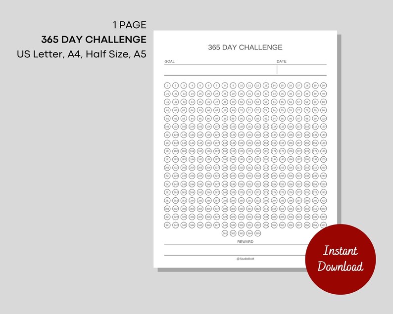 365 Day Challenge Printable Habit Tracker Daily Goal Tracker Routine ...