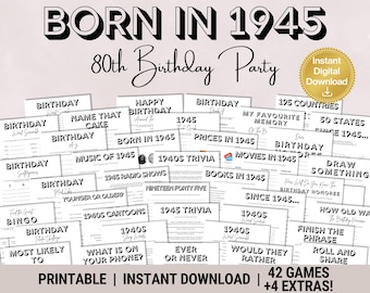 Könnte beinhalten: Eine Sammlung druckbarer Spiele für eine 80. Geburtstagsfeier mit dem Thema "BORN IN 1945". Enthält Quiz, Wortspiele und andere Aktivitäten. Mit einem goldenen "Instant Digital Download"-Abzeichen.