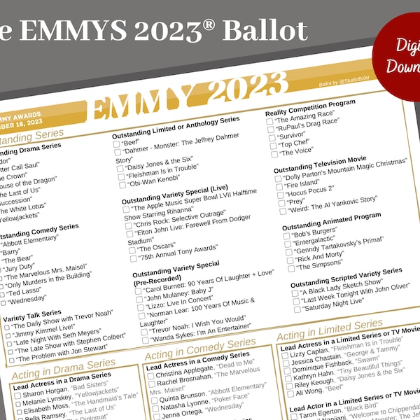 2023 Emmy Awards Ballot, Television Academy Awards, Emmy Predictions, TV Award, Emmy Nominations, Award Show Party Game, Emmy Awards Games