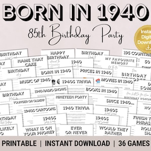 85th Birthday Party Games Bundle, Born In 1940 Game, Birth Year 1940, Printable 85th Birthday Activities, 1940 Trivia Quiz, Instant Download