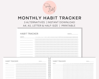 Monthly Habit Tracker Printable, Minimalist Tracker Template, Planner, Instant Download, Goal Planner, Letter, Half Letter, A4, A5