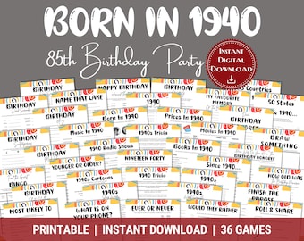 85th Birthday Party Games, 1940 Trivia, Activities (Instant Download)