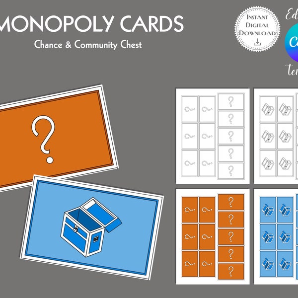 Monopoly Cards Editable Canva Template, Chance and Community Chest, Custom Monopoly Game, Printable Digital Download, Instant Download