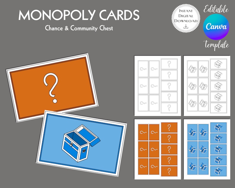 Monopoly Cards Editable Canva Template, Chance and Community Chest, Custom Monopoly Game