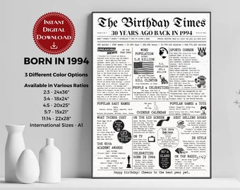 Born in 1994 Birthday Newspaper Poster: 30th Birthday Gift (Digital Download)