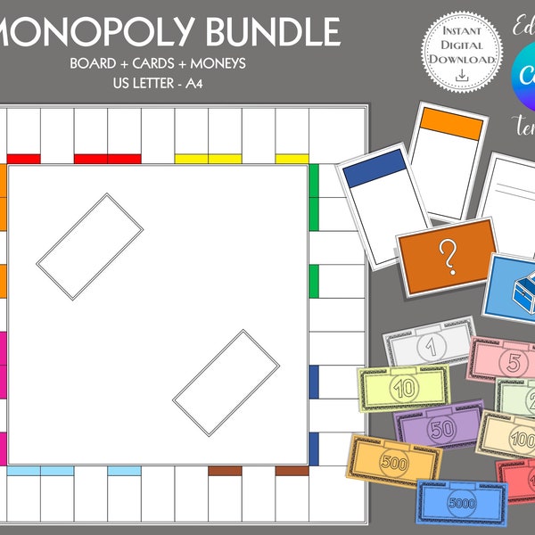 Editable Monopoly Bundle Canva | Blank Monopoly Template |Custom Monopoly Game|Digital Download |Blank Monopoly |Board Game Template |DIY