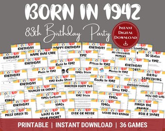 83rd Birthday Party Games Bundle, 1942 Trivia (Instant Download)