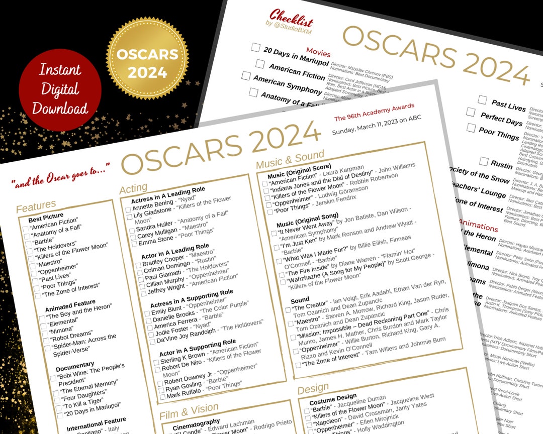 2024 Oscars Ballot 96th Academy Awards Party Games, Oscars Checklist