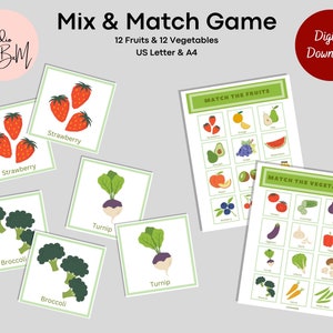 Jeu d'association de fruits et légumes imprimable, cartes mémoire Montessori, jeu de mémoire pour enfants, cartes préscolaires, école à la maison, téléchargement immédiat
