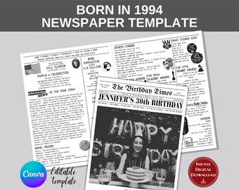 30th Birthday Newspaper Template: Born in 1994 Gift (Digital Download)