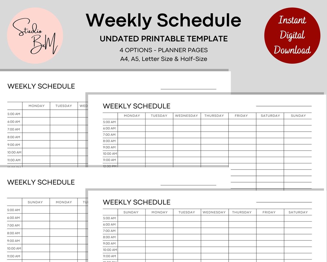 Weekly Schedule Printable Undated Printable Template Hourly Weekly ...