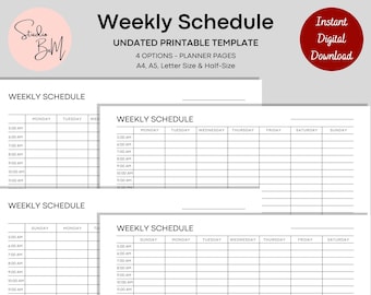 Undated Weekly Schedule Printable | Hourly Planner (Digital Download)