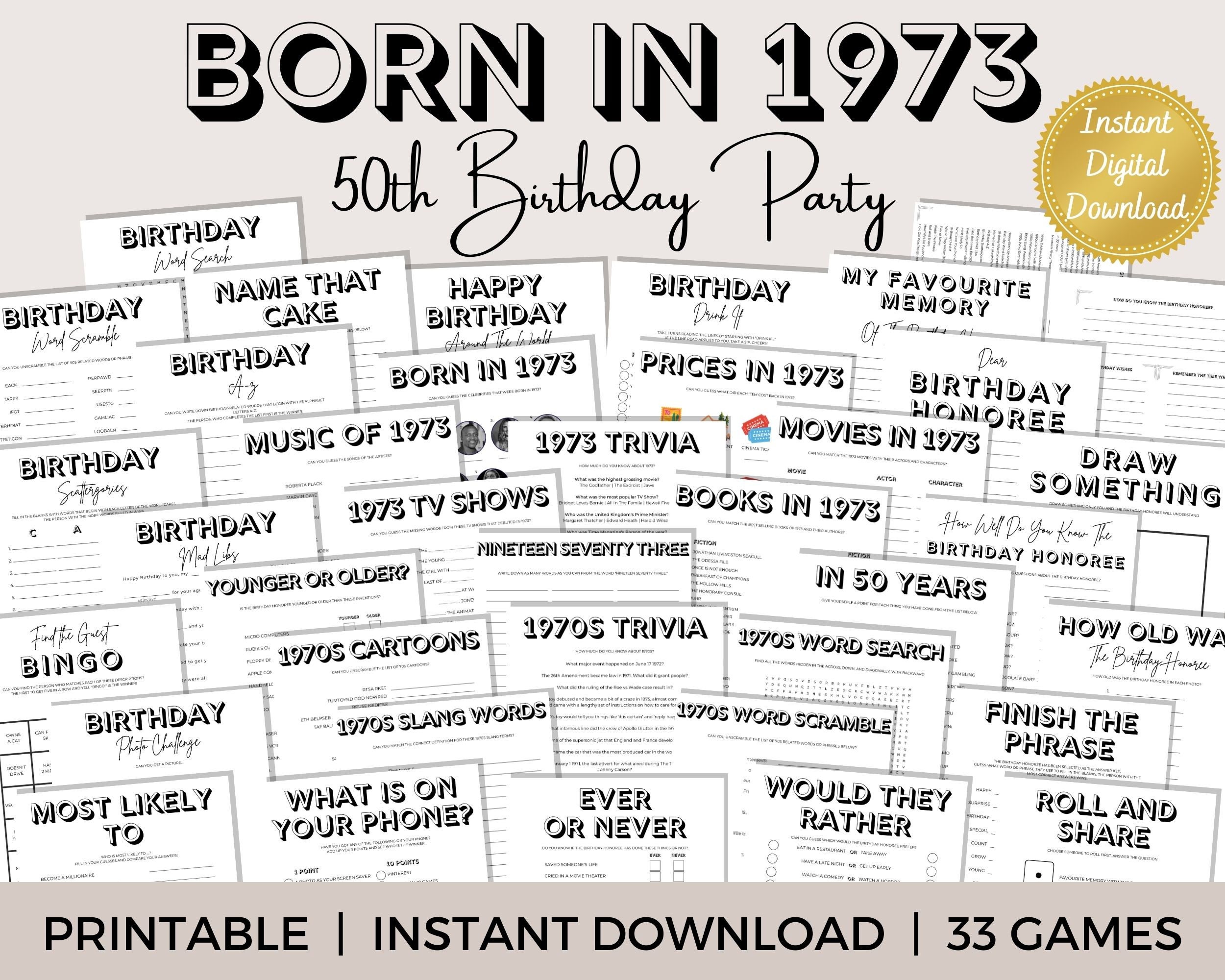 1973 Trivia Quiz with Answer Key Instant Download, 50th Birthday