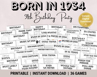91st Birthday Party Games Bundle: 1934 Trivia, Activities (Instant Download)