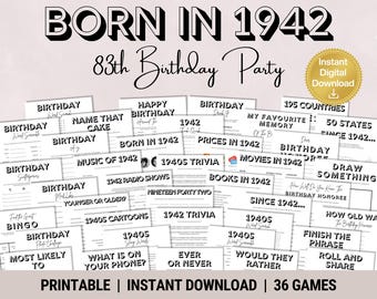 Paquete de juegos para fiesta de cumpleaños número 83, Trivia de 1942 (Descarga instantánea)