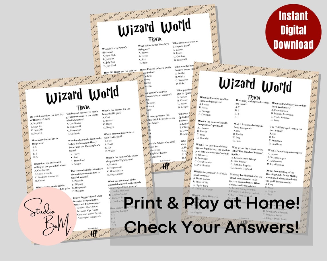 Harry Potter Trivia Printable Wizard Party Games HP Quiz Minimalist ...
