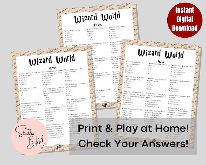 Harry Potter Trivia Printable Wizard Party Games HP Quiz Minimalist ...