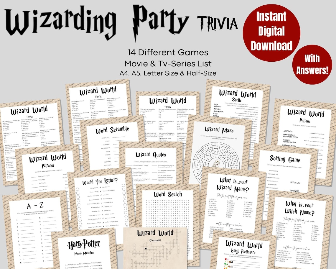Harry Potter Trivia Printable Wizard Party Games HP Quiz Minimalist ...