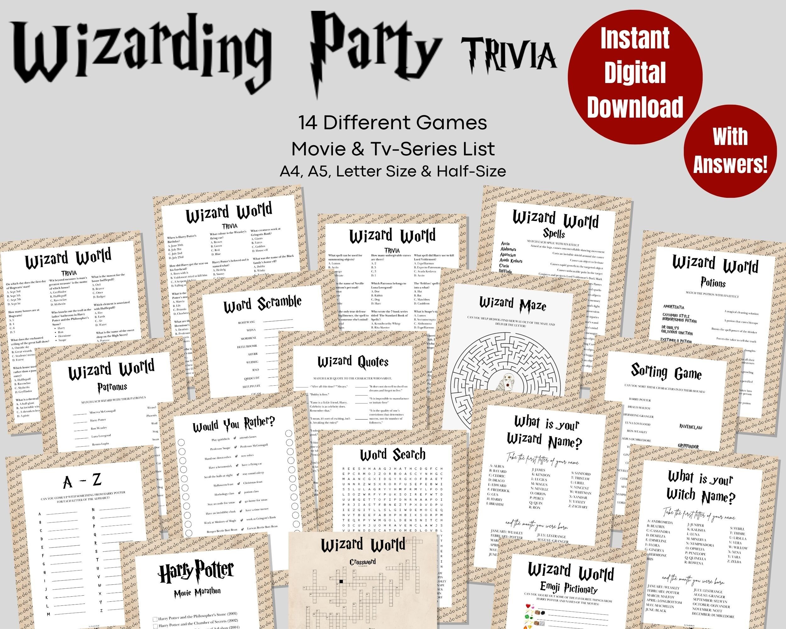 Harry Potter Trivia Printable Wizard Party Games HP Quiz Minimalist ...