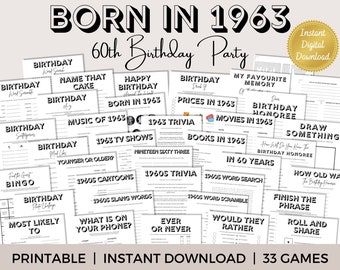 1963 Birthday Party Games Bundle, 62nd Birthday (Digital Download)