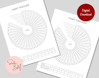 May include: Printable habit tracker with two pages, one for April and one for May. Each page has a circle divided into 30 sections, with numbers 1-30 around the outside. The center of the circle says "April" or "May". Below the circle is a grid with numbers 1-9 across the top and "HABIT", "MONTHLY GOAL", and "DAYS ACHIEVED" down the side.