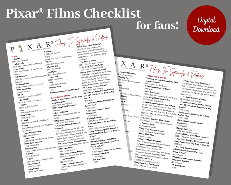 Pixar Films Checklist, Movie Checklist, Pixar Animations, Shorts